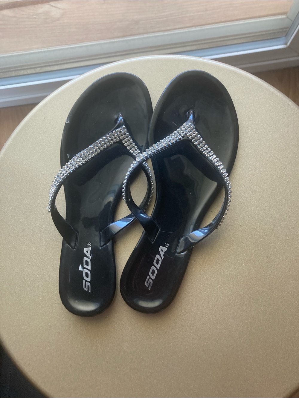 Soda Black Rhinestone Jelly Thong Sandals